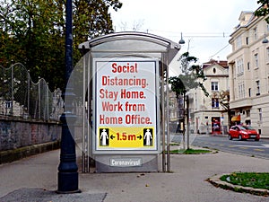 Home office concept. yellow and white billboard sign. for Coronavirus