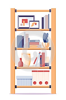 Home office cupboard with shelves. Interior design background element vector illustration. Modern trendy stand with