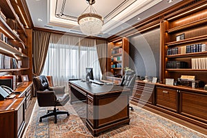 A Home Office With Desk, Chair, and Bookcase, Business office with a blend of traditional and modern elements, AI Generated