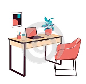 Home or office desk with chair, laptop computer, plant, abstract painting and pencil cup. Modern colorful isometric