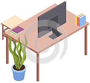 Home office desk with computer, books. Flat vector style, wooden table with monitor back view