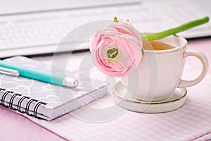 Home office desk with cup of tea, flower, keyboards and writing supplies