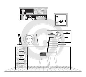 Home office desk with digital tablet black and white cartoon flat illustration