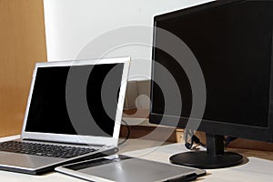 Home office desk or notepad, note book, pens, used for work and distance learning with pens, EAD photo