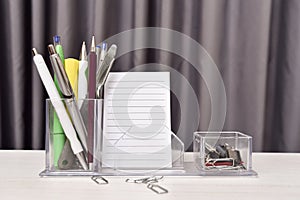 Home office desk or notepad, note book, pens, used for work and distance learning with pens, EAD photo