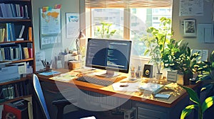Home office desk showing programming code on monitor