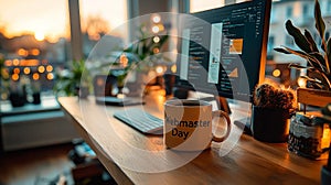 Web Developer's Workspace with Coffee and Plants