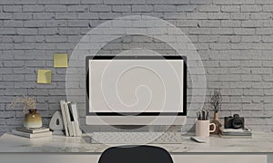 Home office desk workspace with computer and office supplies on white brick. Modern interior design concept. 3d