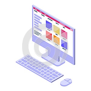 Home office desktop computer icon, isometric style