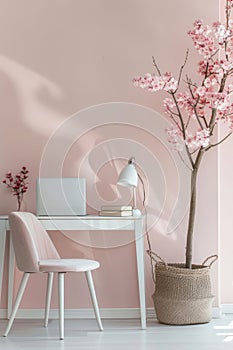 Home office in feminine style. Elegant office workspace with a blush pink color scheme. Generative AI