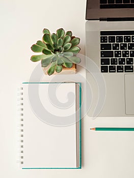Home Office. Flat lay of notebook, notepad, pencil and succulent. Top view