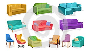 Home or office furniture in cartoon style isolated on white background. Vector sofas, armchairs and chairs set. Home interior photo
