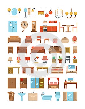 Home and office furniture interiors flat icons set