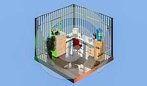 Home Office Interior, in Cut. Feeling Like Behind Bars and Under Imprisonment. 3d Rendering. photo