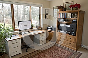 Home office interior with desk, computer and shelves photo