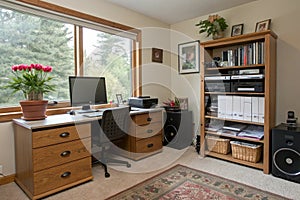 Home office interior with desk, computer and shelves photo
