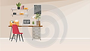 Home office interior. Vector illustration. Workplace modern interior, home or office room creation zone