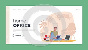 Home Office Landing Page Template. Remote Freelance Work, Homeworking Place Concept. Man Freelancer Vector Illustration photo