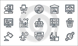 Home office line icons. linear set. quality vector line set such as locations, desk, lamp desk, working, break time, online