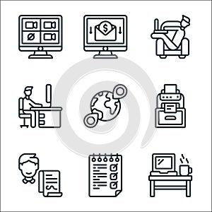 Home office line icons. linear set. quality vector line set such as workspace, to do list, contractor, printer, locations, working