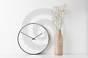 Home office minimal workspace desk with wall clock