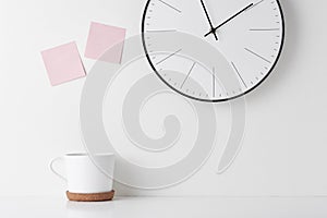 Home office minimal workspace desk with wall clock