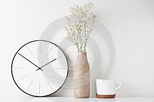 Home office minimal workspace desk with wall clock