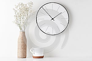 Home office minimal workspace desk with wall clock