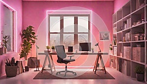 A home office with neon-lit motivational quotes, boosting