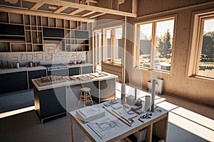 Home office in a new house, under construction, Generative AI