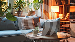 A home office nook warmly lit by a table lamp, with a laptop ready for use on a wooden round table