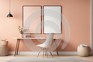 Home Office with Peach Walls and Elegant Poster Mockups