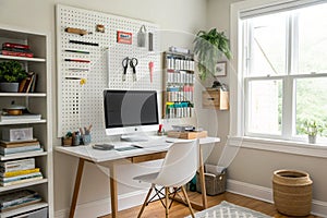 Home office with pegboard workspace