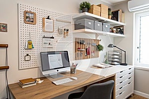 Home office with pegboard workspace