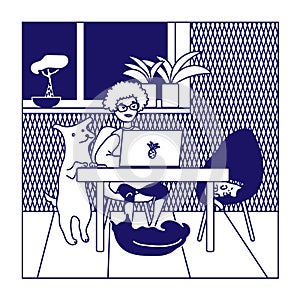 Home office with pets and indoor plants. Girl works or studies on laptop from home. Stay home concept