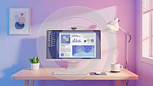 Home Office Setup Computer, Desk, and Data Analytics