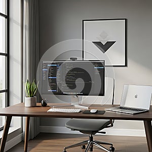 Home office setup featuring computer monitor laptop and coding work space