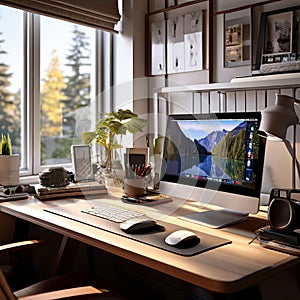 home office setup with laptop desk and office supplies in a cil