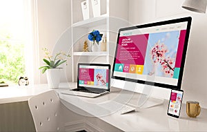 home office setup with responsive design on screen