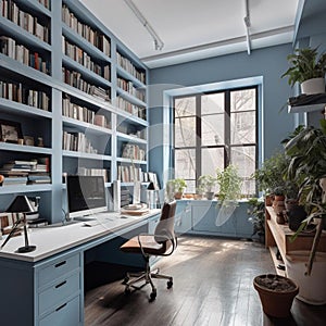 Home office space with a computer monitor on a desk and a rich library. AI-generated.