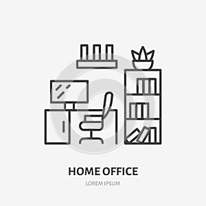 Home office, study room flat line icon. Apartment furniture sign, vector illustration of cabinet table, chair, bookcase