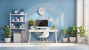 Home office sunny room with simple, white furniture 3d realistic vector interior background