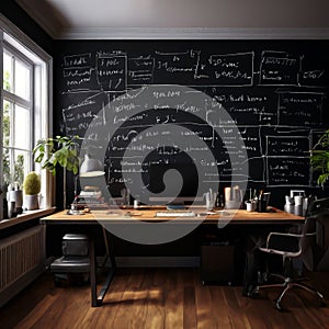a home office with a wall covered in chalkboard paint for brai photo