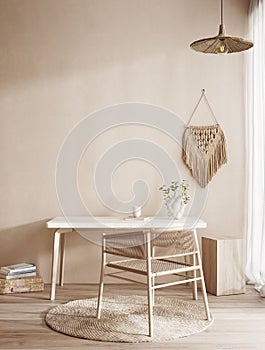 Home office, wall mockup in Scandi-boho style living room interior