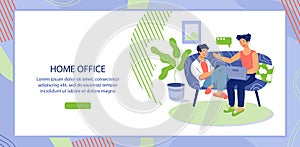 Home office web banner with people - team of freelancers working remotely in relaxing comfortable environment.