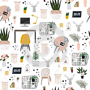 Home office work space flat seamless pattern. Indoor plants and stylish furniture texture background.