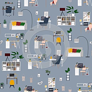 Home office work space flat seamless pattern. Indoor plants and stylish furniture texture background.