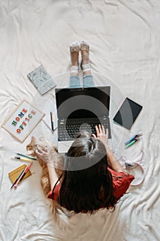 Home office, work space, work from home concept. Young woman with laptop and cat working at sofa. Flexible work hours