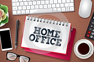 Home office work vector banner template. Home office text in white space with freelancing elements