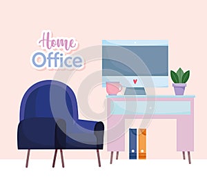 Home office workplace chair computer potted plant binder and desk